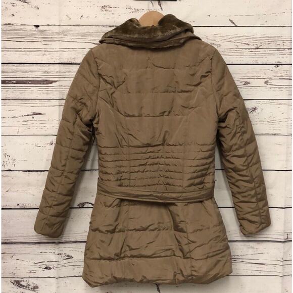 Ultim8 taupe tan faux fur lined Neck belted puffer parka Length Jacket Coat Sz M - Picture 7 of 7